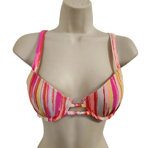 AERIE SWIM Pink Yellow Bridget Bikini Top Size 34C - Picture 1 of 9